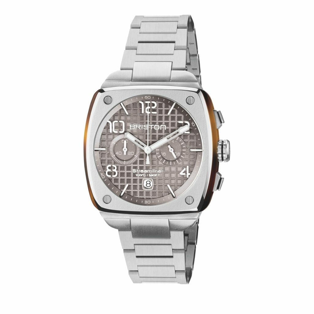 Streamliner Urban bracelet en acier et acétate écaille / Cadran gaufré de couleur gris taupe. 