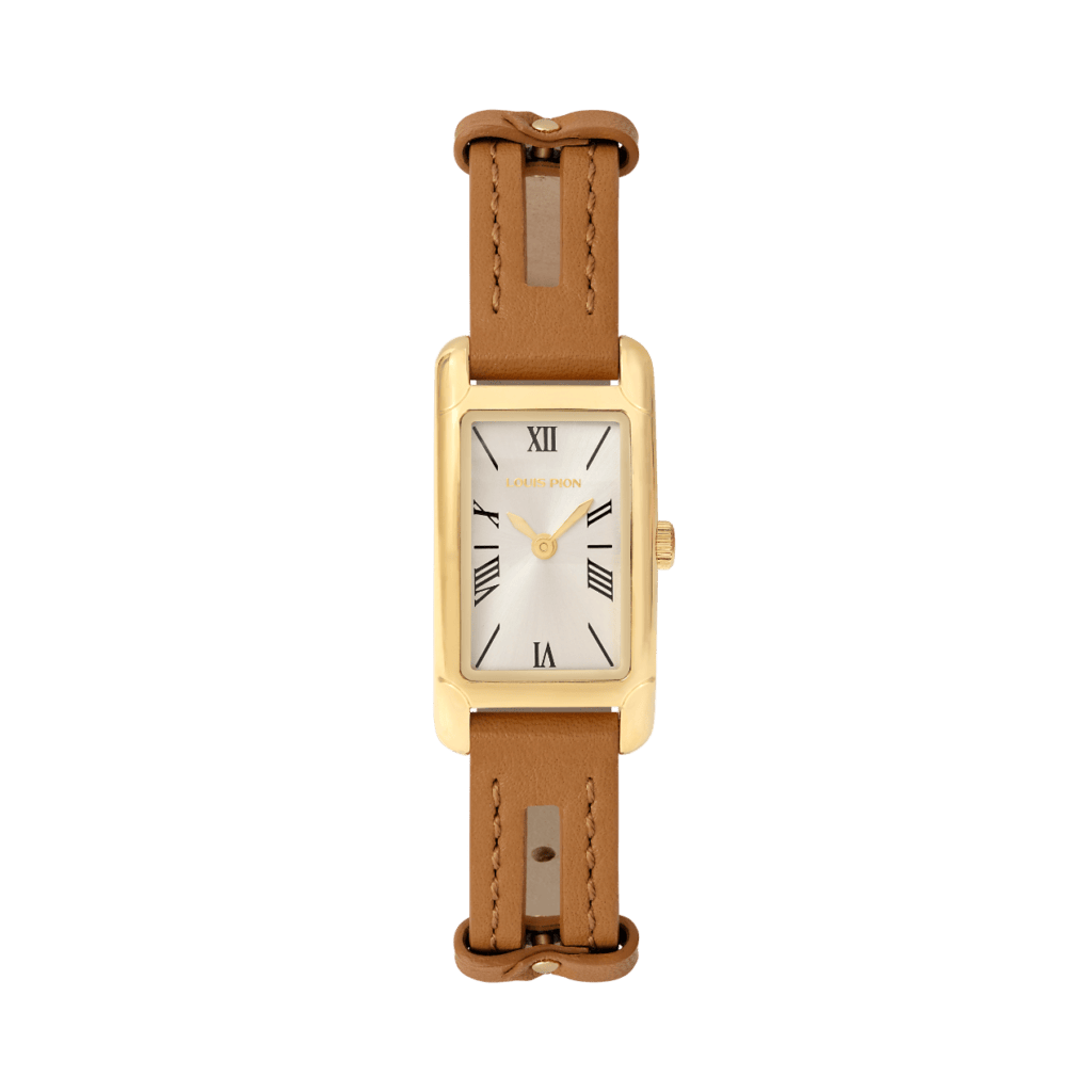 Louis Pion PHILIPPINE, boîtier doré clair, équipée d'un bracelet simple tour en cuir camel : 130 €