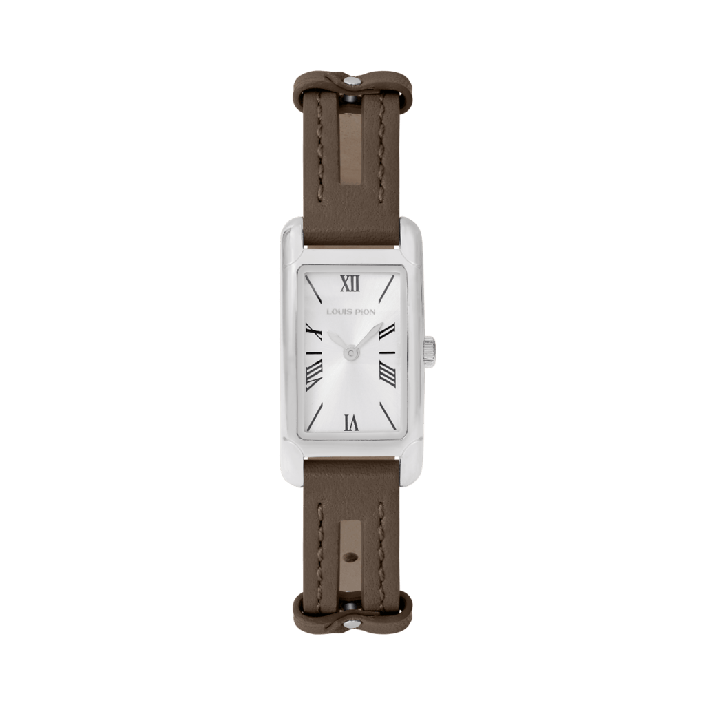 Louis Pion PHILIPPINE, boîtier acier, équipée d'un bracelet simple tour en cuir taupe : 120 €