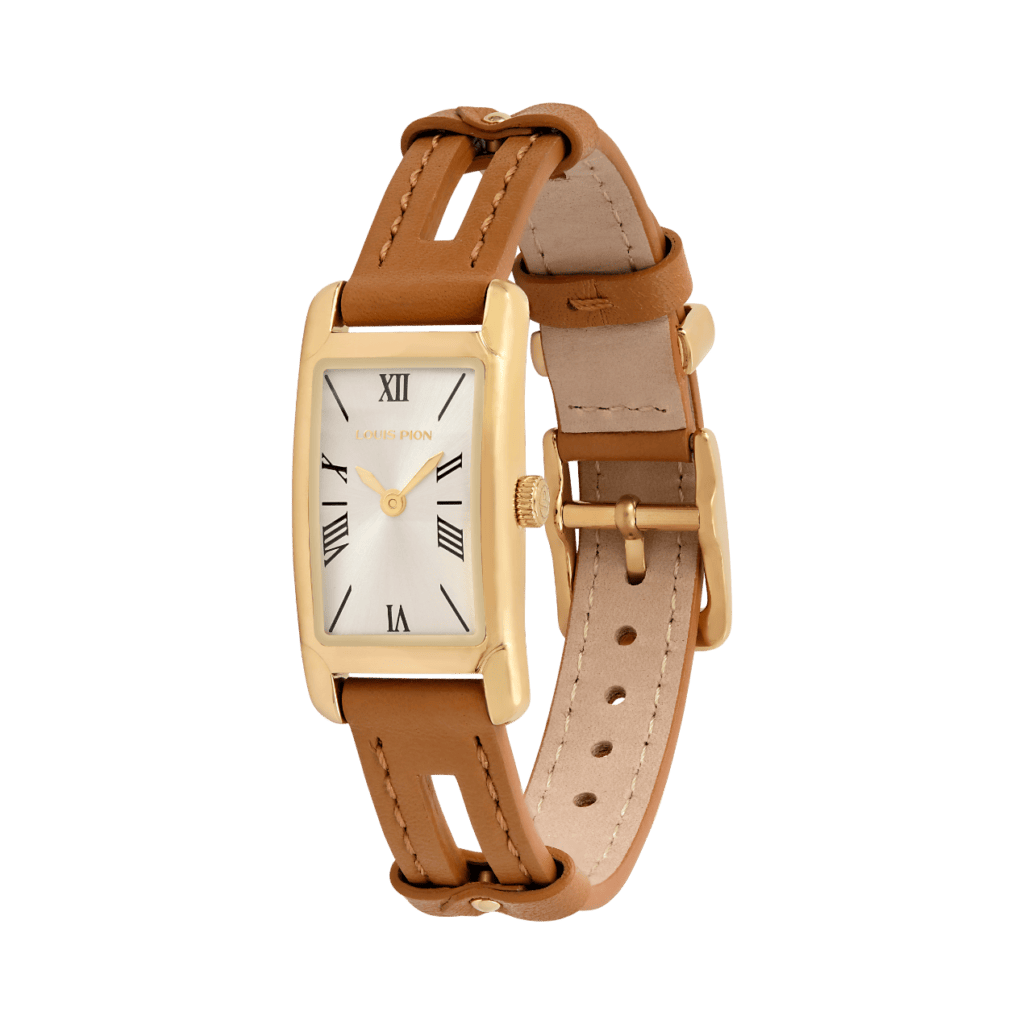 Louis Pion PHILIPPINE, boîtier doré clair, équipée d'un bracelet simple tour en cuir camel : 130 €