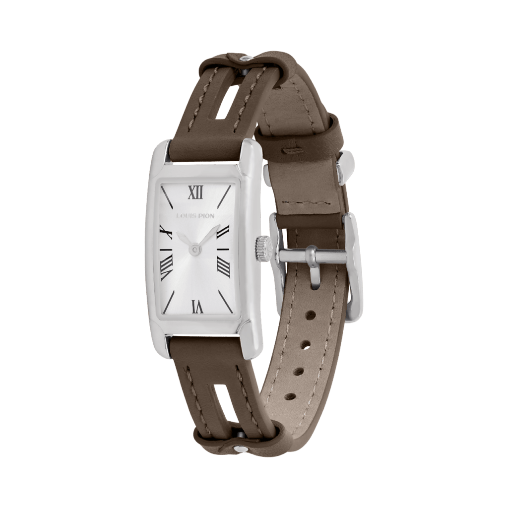 Louis Pion PHILIPPINE, boîtier acier, équipée d'un bracelet simple tour en cuir taupe : 120 €