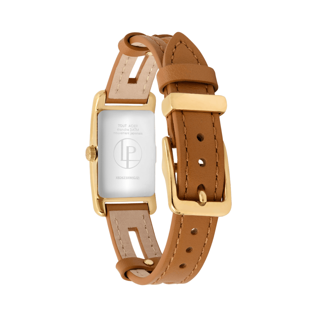 Louis Pion PHILIPPINE, boîtier doré clair, équipée d'un bracelet simple tour en cuir camel : 130 €