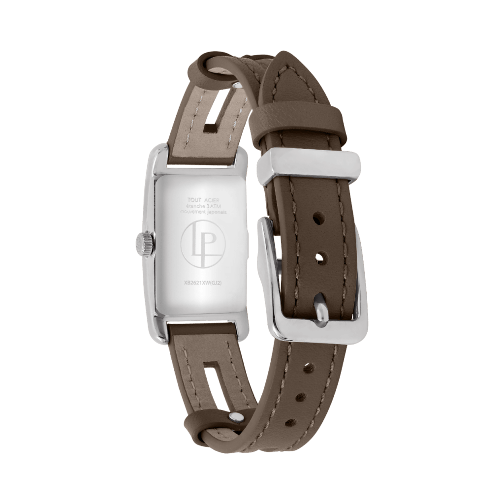 Louis Pion PHILIPPINE, boîtier acier, équipée d'un bracelet simple tour en cuir taupe : 120 €