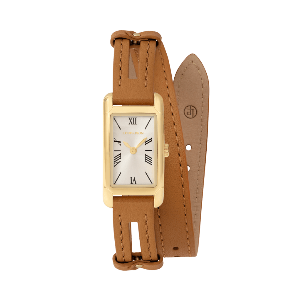Louis Pion PHILIPPINE, boîtier doré clair, équipée d'un bracelet double tour en cuir camel : 150 €