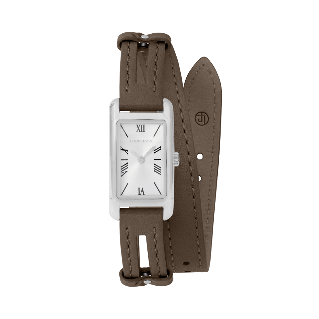 Louis Pion PHILIPPINE, boîtier argenté, équipée d'un bracelet double tour en cuir taupe : 140 €