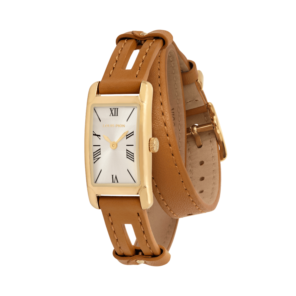 Louis Pion PHILIPPINE, boîtier doré clair, équipée d'un bracelet double tour en cuir camel : 150 €