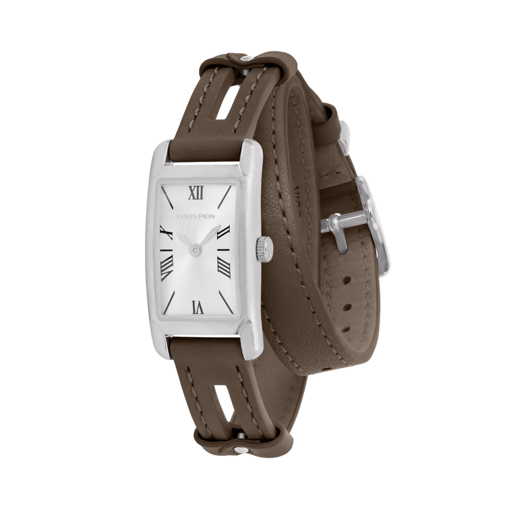 Louis Pion PHILIPPINE, boîtier argenté, équipée d'un bracelet double tour taupe : 140 €