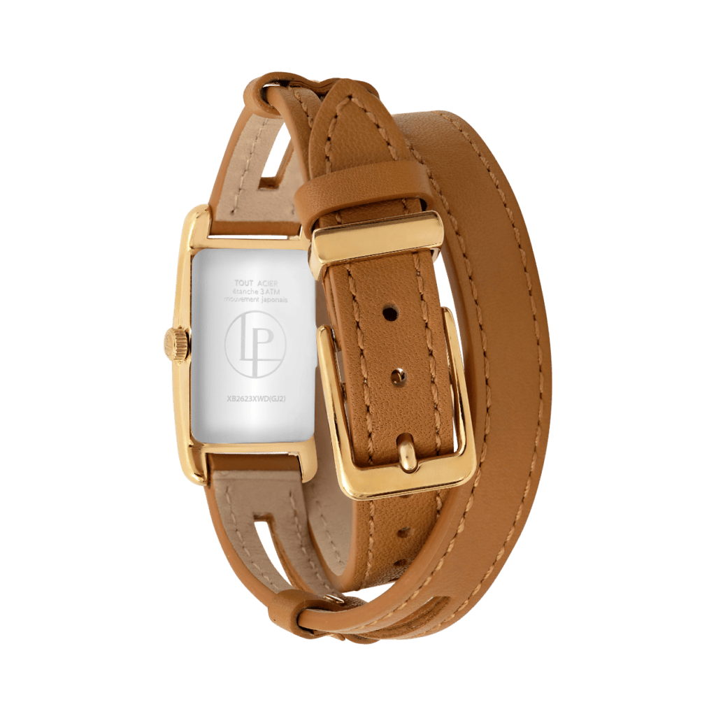 Louis Pion PHILIPPINE, boîtier doré clair, équipée d'un bracelet double tour en cuir camel : 150 €