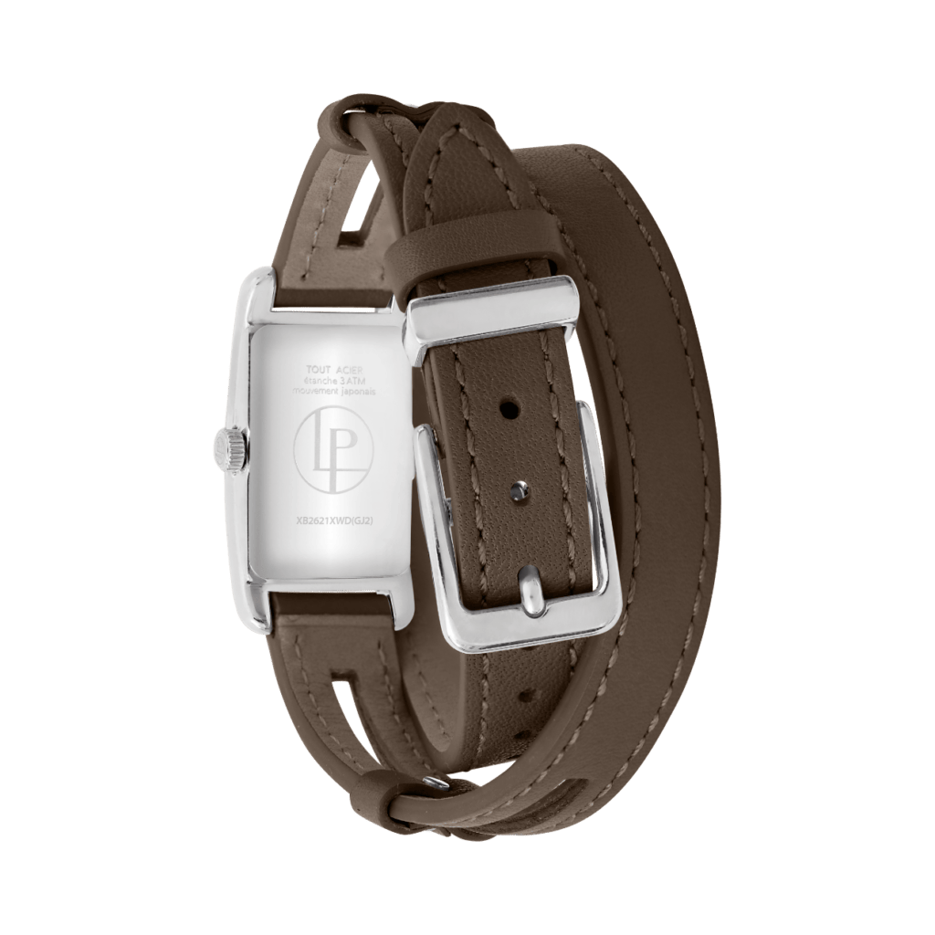 Louis Pion PHILIPPINE, boîtier argenté, équipée d'un bracelet double tour en cuir taupe : 140 €