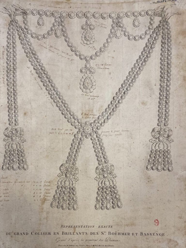 Représentation exacte du grand collier en brillants de Böhmer et Bassenge
Gravé d'après la grandeur des diamants Paris, chez M. Tannay, rue d'Enfer © DR